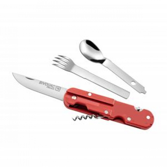 BIVOUAC CAMP KNIFE RED HANDLE - TEXTILE POUCH - FORK and SPOON