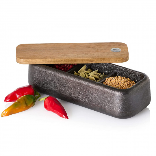 AdHoc Zásobník na koření Spice box Potta litinový s dřevěným víkem délka 17cm